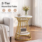 2 tier round end table with flowers and coffee styled by an armchair