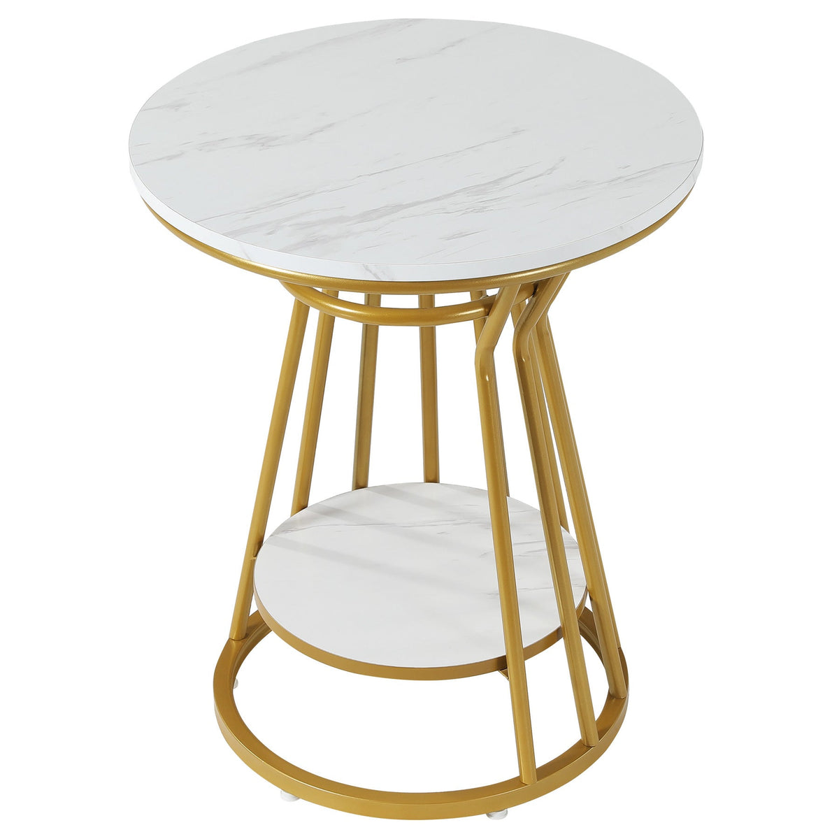 White faux marble and gold round end table on a white background