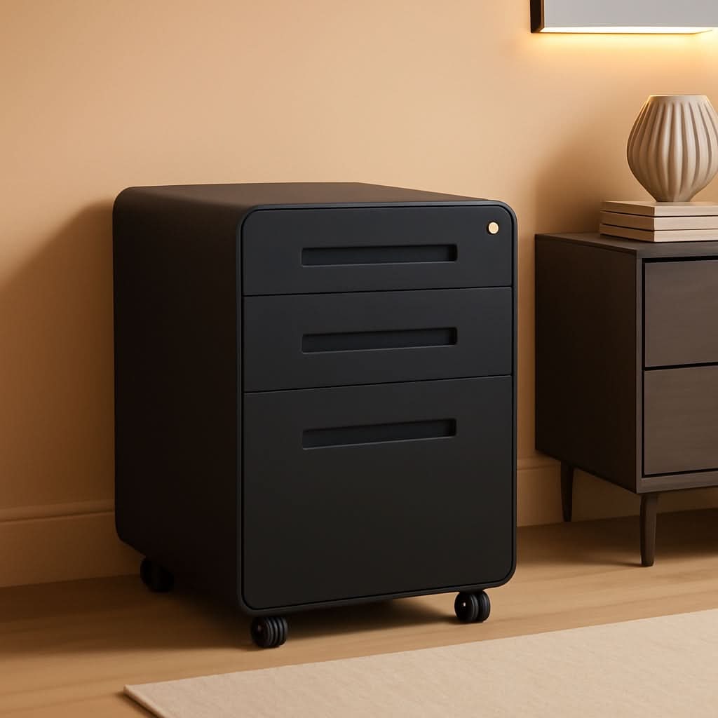Black 3 drawer mobile file cabinet on casters standing beside a desk in a warm lit home office