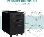 Dimension diagram for the 3 drawer mobile file cabinet showing its overall size, a maximum load listed at 330 lb, and the interior size of the top tray and the file drawers