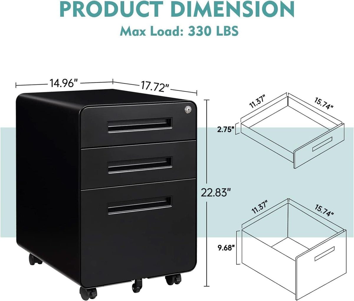 Dimension diagram for the 3 drawer mobile file cabinet showing its overall size, a maximum load listed at 330 lb, and the interior size of the top tray and the file drawers