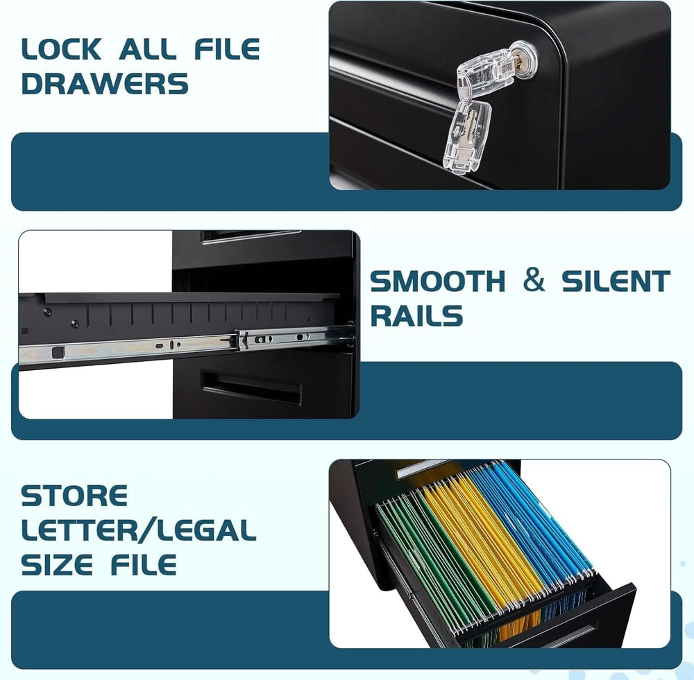 Detail graphic: a lock securing all file drawers, smooth silent drawer rails, and a drawer holding Letter and Legal hanging files