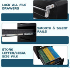 Detail graphic: a lock securing all file drawers, smooth silent drawer rails, and a drawer holding Letter and Legal hanging files