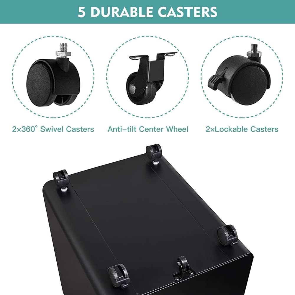 Detail graphic: five durable casters, two that swivel 360 degrees, one anti tilt centre wheel and two lockable, shown on the underside of the cabinet