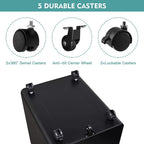Detail graphic: five durable casters, two that swivel 360 degrees, one anti tilt centre wheel and two lockable, shown on the underside of the cabinet
