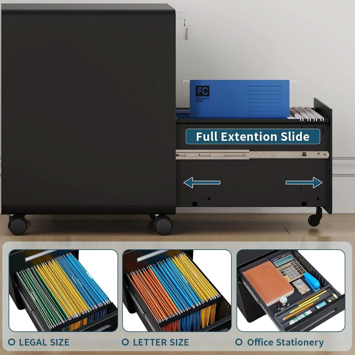 Detail graphic: full extension drawer slide with Legal size, Letter size and office stationery drawer layouts shown below