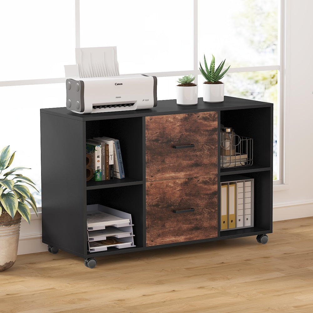 Stowena mobile lateral file cabinet in rustic brown and black with printer on top