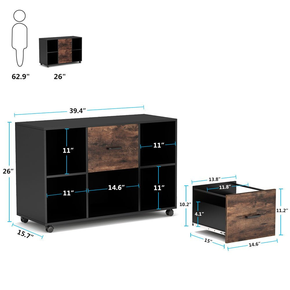 Dimension diagram: 39.4 x 15.7 x 26 in with cubbies 11 x 11 and drawer interiors