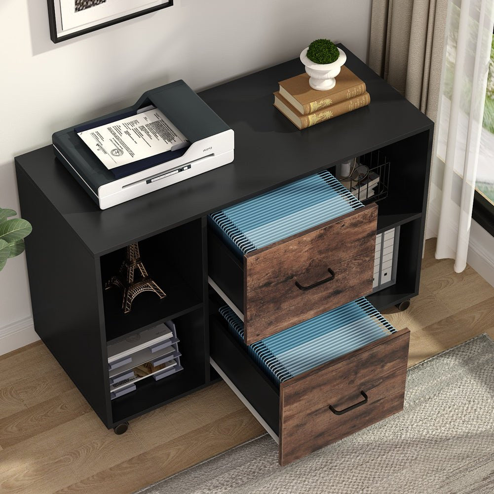 Both lateral drawers open showing letter size hanging files