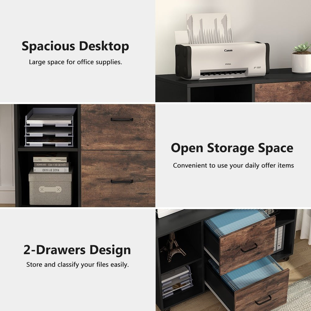 Callouts: spacious desktop, open storage space, 2 drawer design