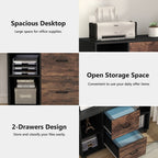 Callouts: spacious desktop, open storage space, 2 drawer design