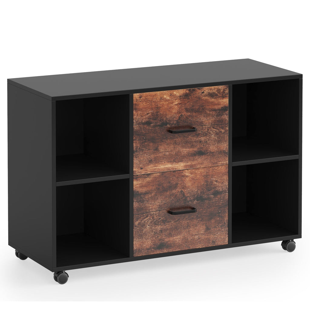 Rustic and black mobile file cabinet on a white background