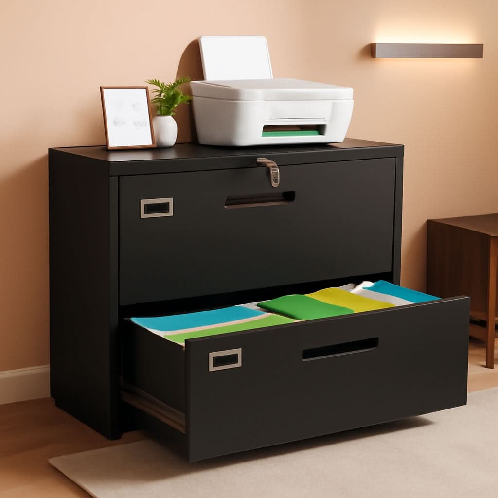 Black 2 drawer lateral file cabinet with the lower drawer open showing coloured hanging files, standing in a home office under a printer