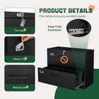 Detail graphic: two keys, a label card holder, a metal drawer pull and a fully extended drawer shown on a black lateral file cabinet