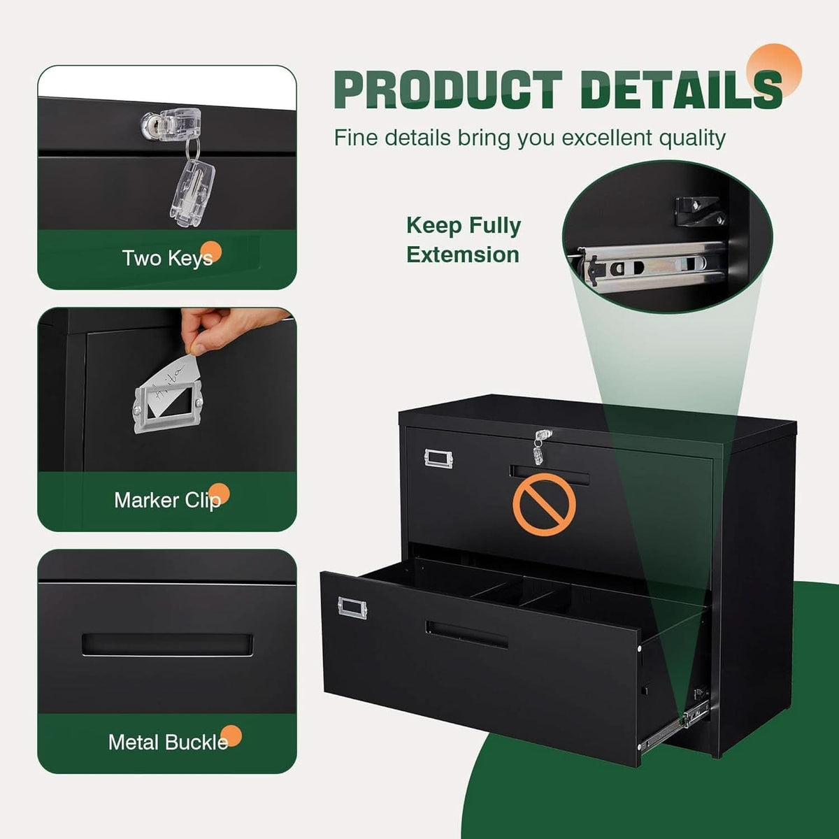 Detail graphic: two keys, a label card holder, a metal drawer pull and a fully extended drawer shown on a black lateral file cabinet