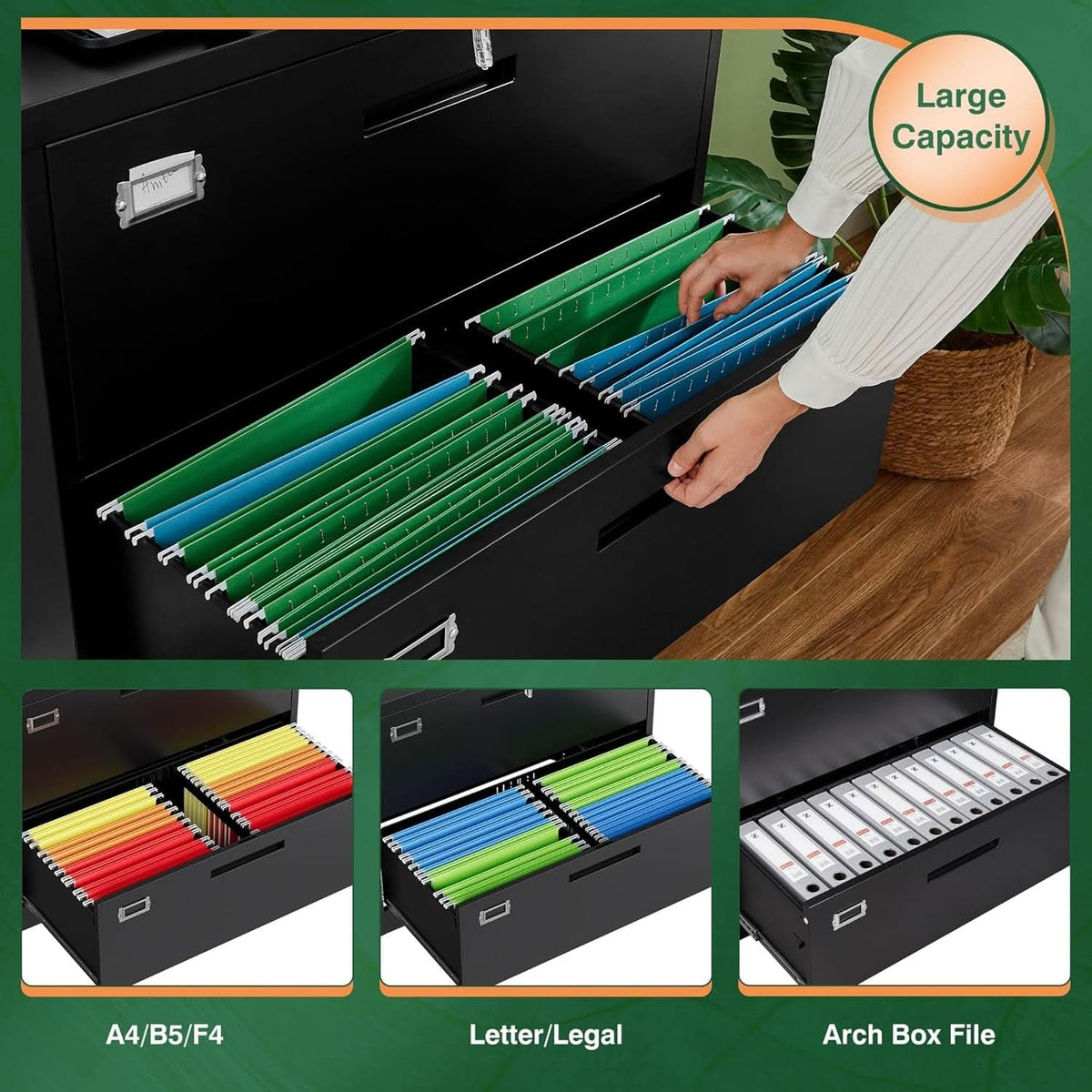 Detail graphic: open drawer packed with hanging files, with A4, B5 and F4, Letter and Legal, and arch box file layouts shown beneath