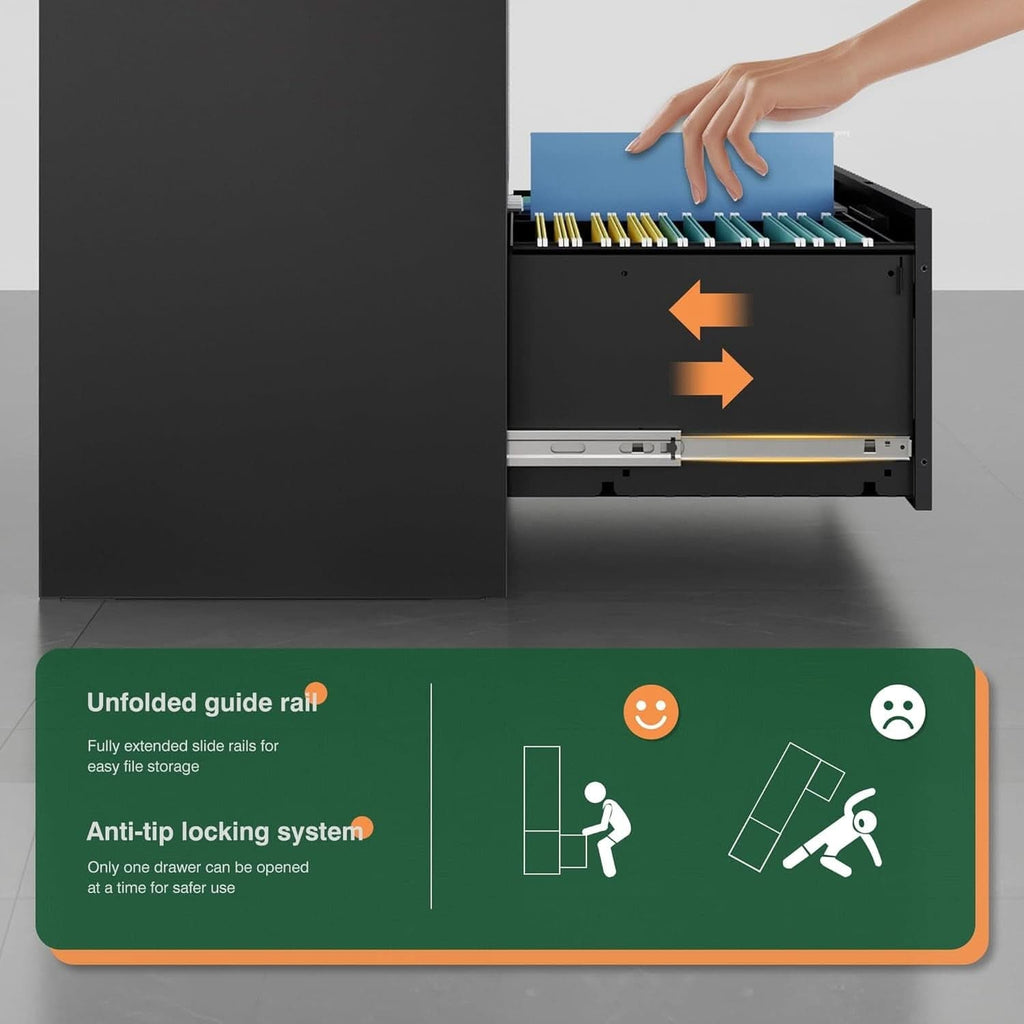 Detail graphic: fully extended drawer guide rail and the anti-tip locking system that allows only one drawer to be opened at a time
