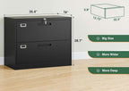 Dimension diagram: black 2 drawer lateral file cabinet listed at 35.4 in wide, 16 in deep and 28.7 in high, with drawer interior 32.5 by 12.72 by 9.8 in