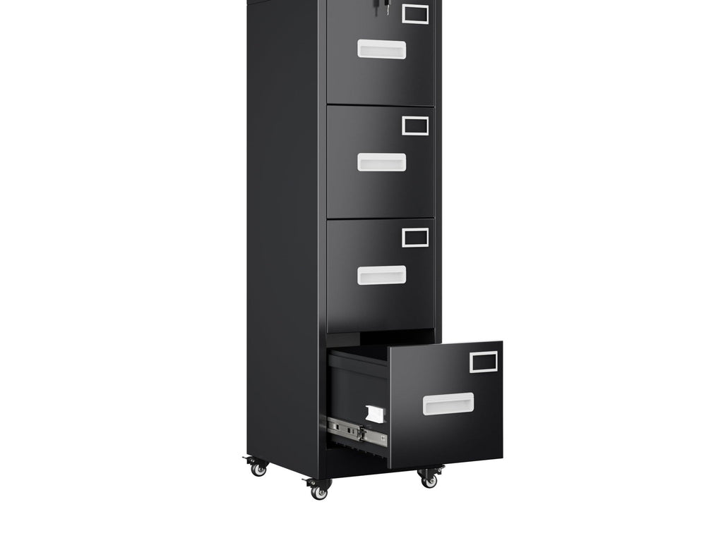 Black 4 drawer vertical file cabinet with lock, bottom drawer open, on wheels