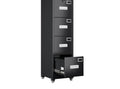 Black 4 drawer vertical file cabinet with lock, bottom drawer open, on wheels