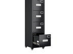 Black 4 drawer vertical file cabinet with lock, bottom drawer open, on wheels