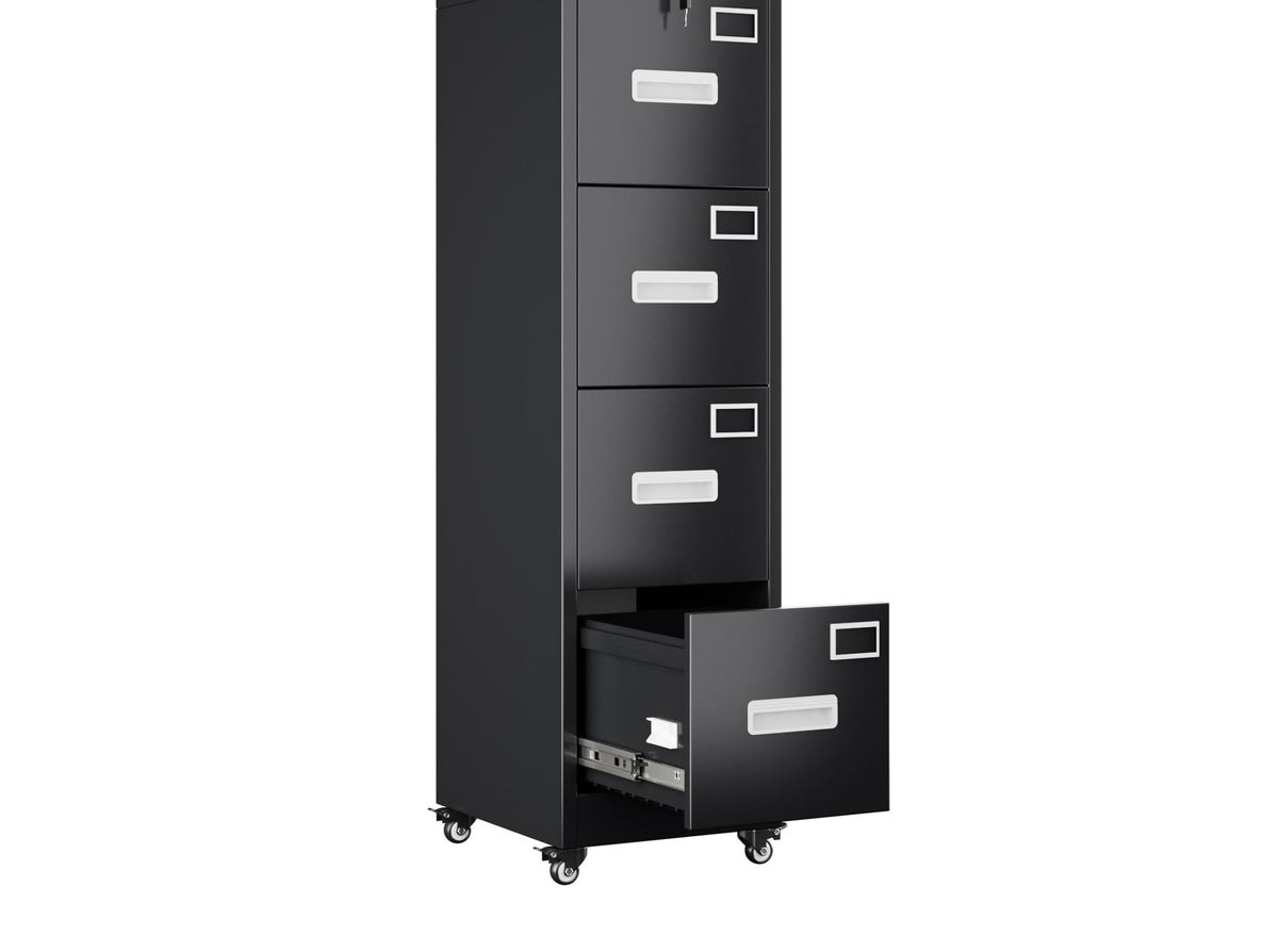 Black 4 drawer vertical file cabinet with lock, bottom drawer open, on wheels