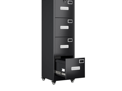 Black 4 drawer vertical file cabinet with lock, bottom drawer open, on wheels