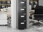 Black metal file cabinet on casters in an office, all four drawers closed