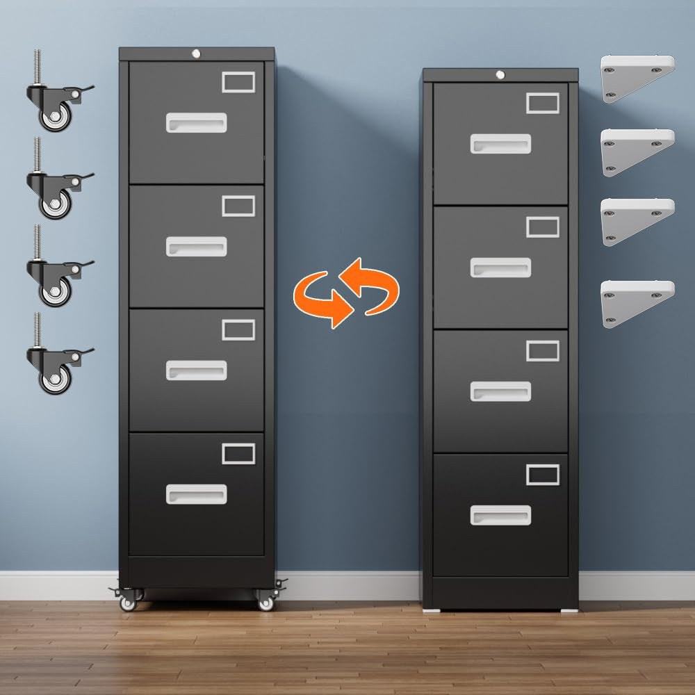 Two black file cabinets showing the included casters and bracket feet options