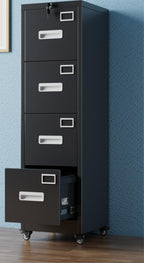 Black vertical file cabinet against a blue wall with one drawer extended