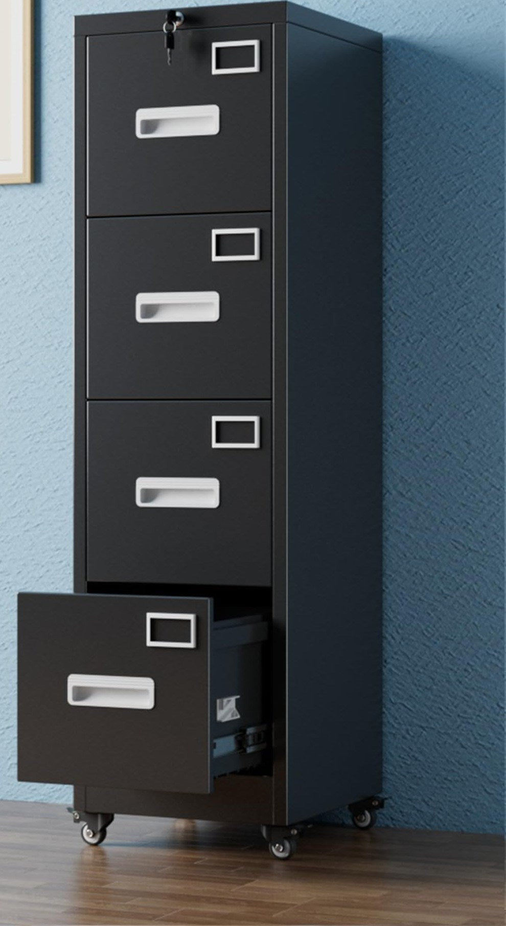 Black vertical file cabinet against a blue wall with one drawer extended