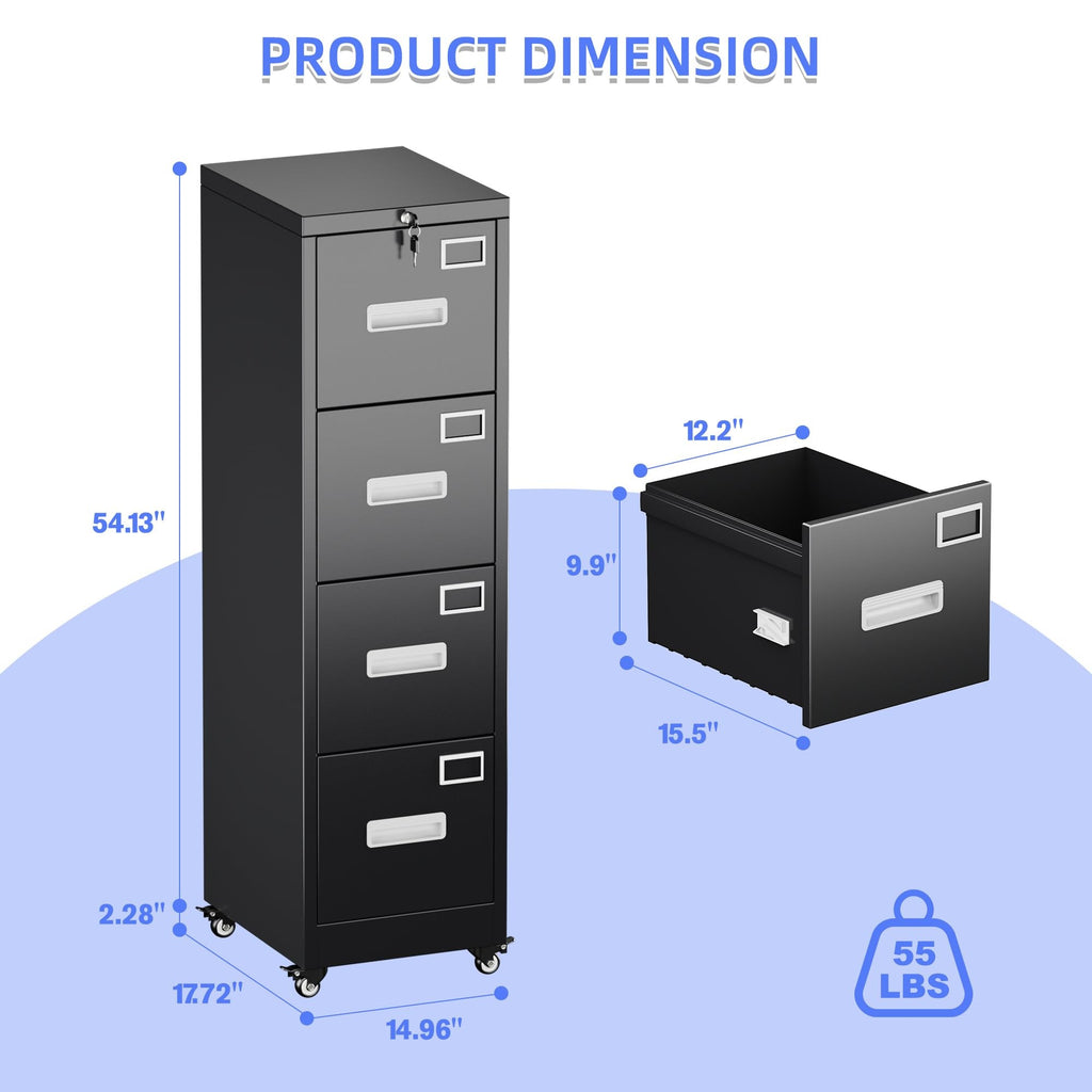 Dimension diagram of the 4 drawer file cabinet, 54.13 inches tall