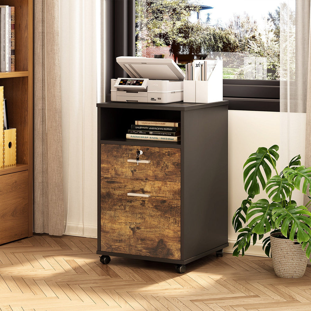 Rustic brown and black mobile file cabinet beside a desk with a printer