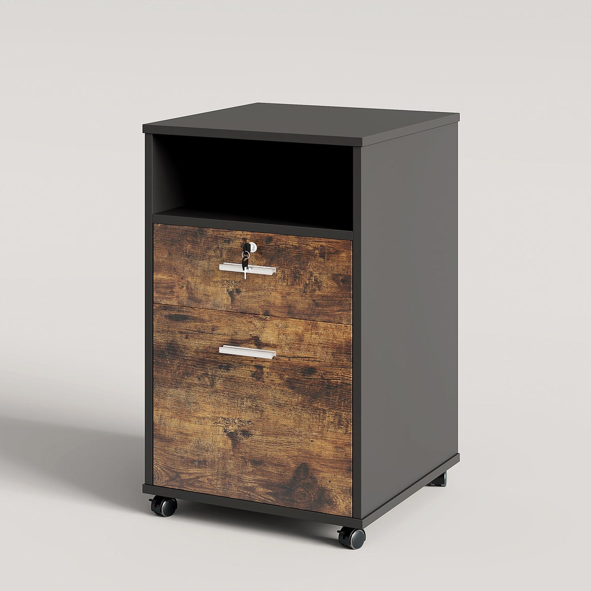 Two drawer mobile file cabinet with open shelf and casters on a plain background