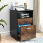 Stowena mobile file cabinet with the file drawer open and a printer on top