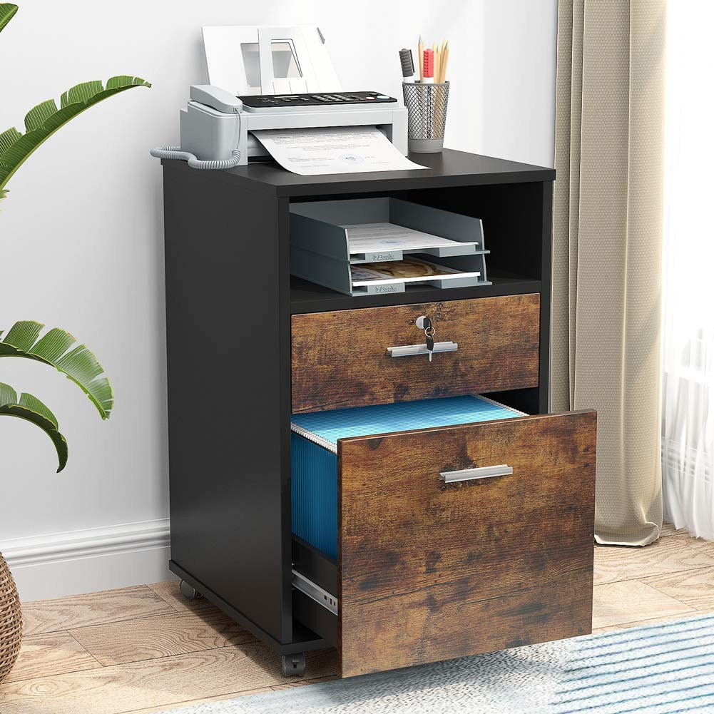Stowena mobile file cabinet with the file drawer open and a printer on top