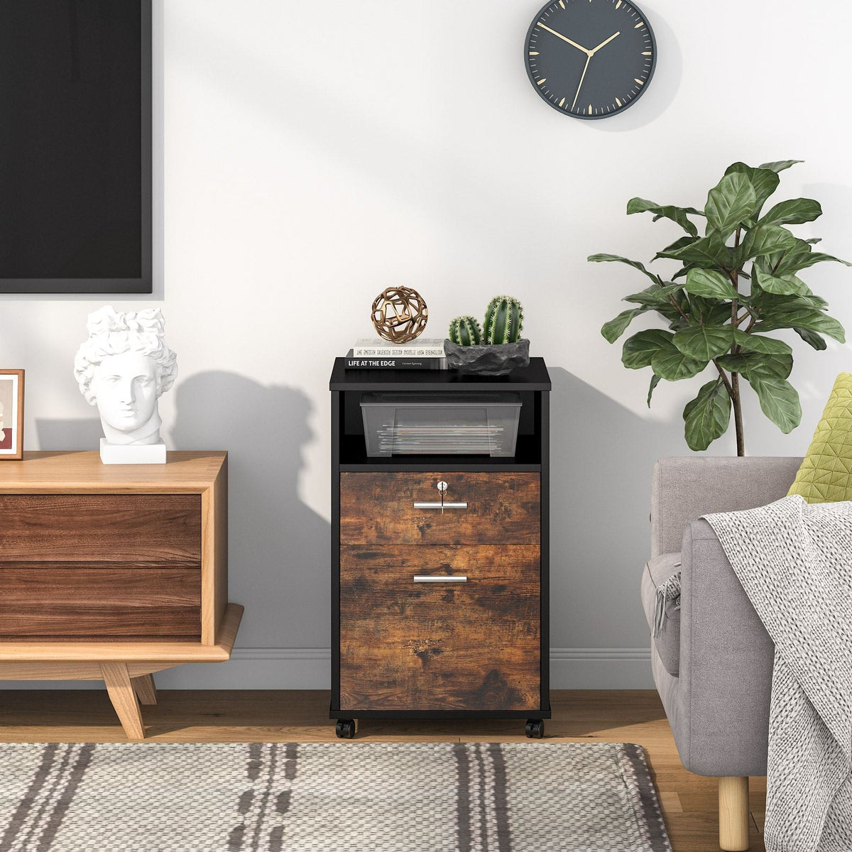 Rustic brown filing cabinet on casters in a living room corner