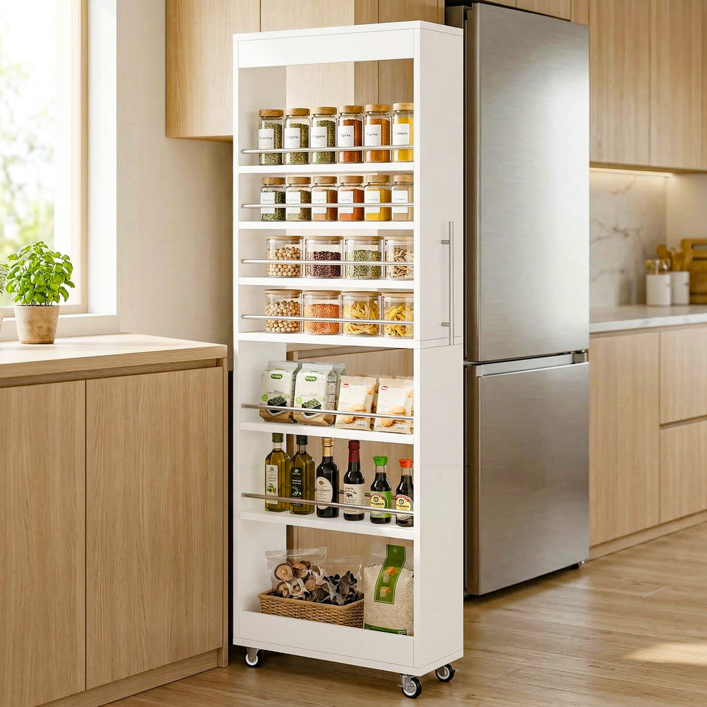 White slim pantry cart rolled into the gap beside a fridge, all seven shelves stocked with jars