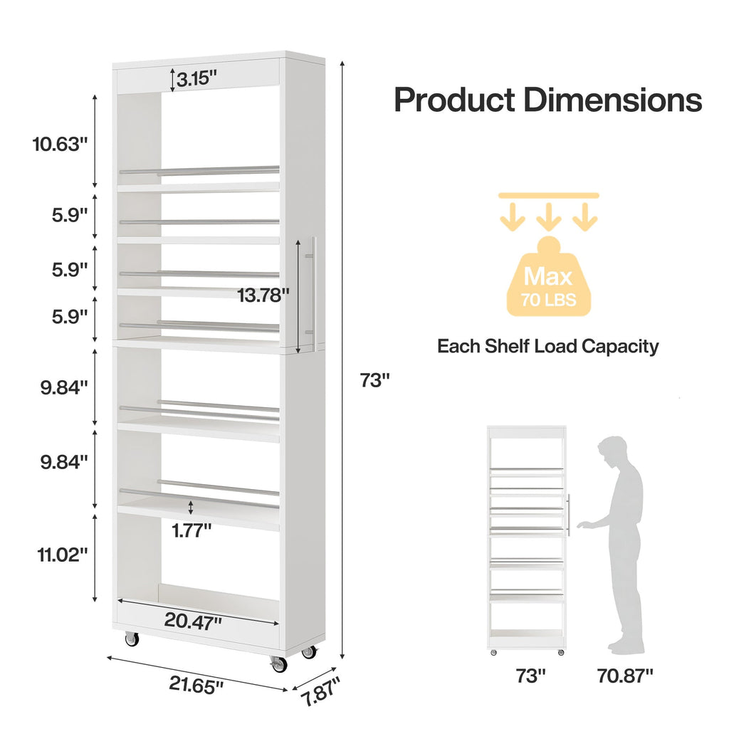 Dimension diagram showing 21.65 by 7.87 by 73 inches with the tier heights and a 70 pound shelf capacity