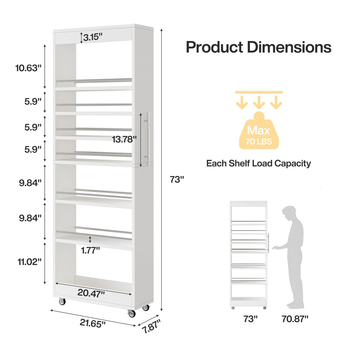 Dimension diagram showing 21.65 by 7.87 by 73 inches with the tier heights and a 70 pound shelf capacity