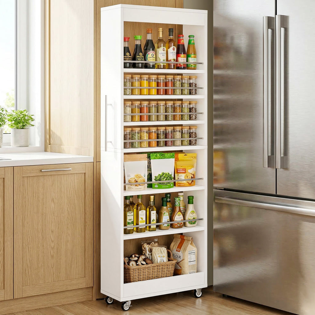 The slim cart standing beside a stainless fridge filled with bottles and packets