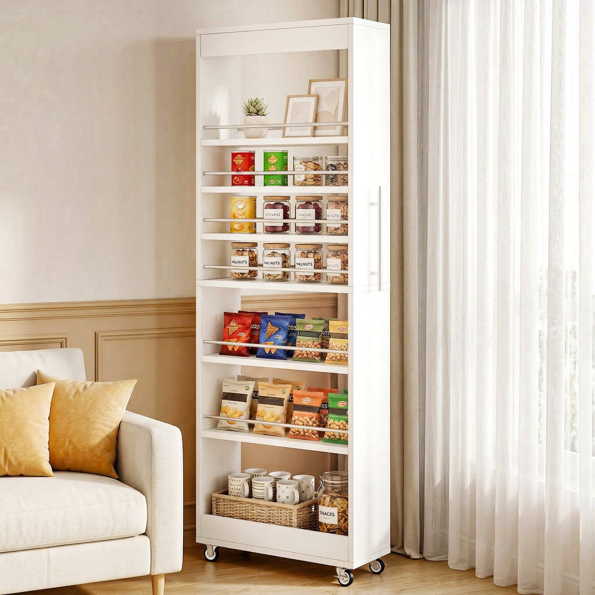 White pantry tower used in a living area beside a sofa holding jars and boxes