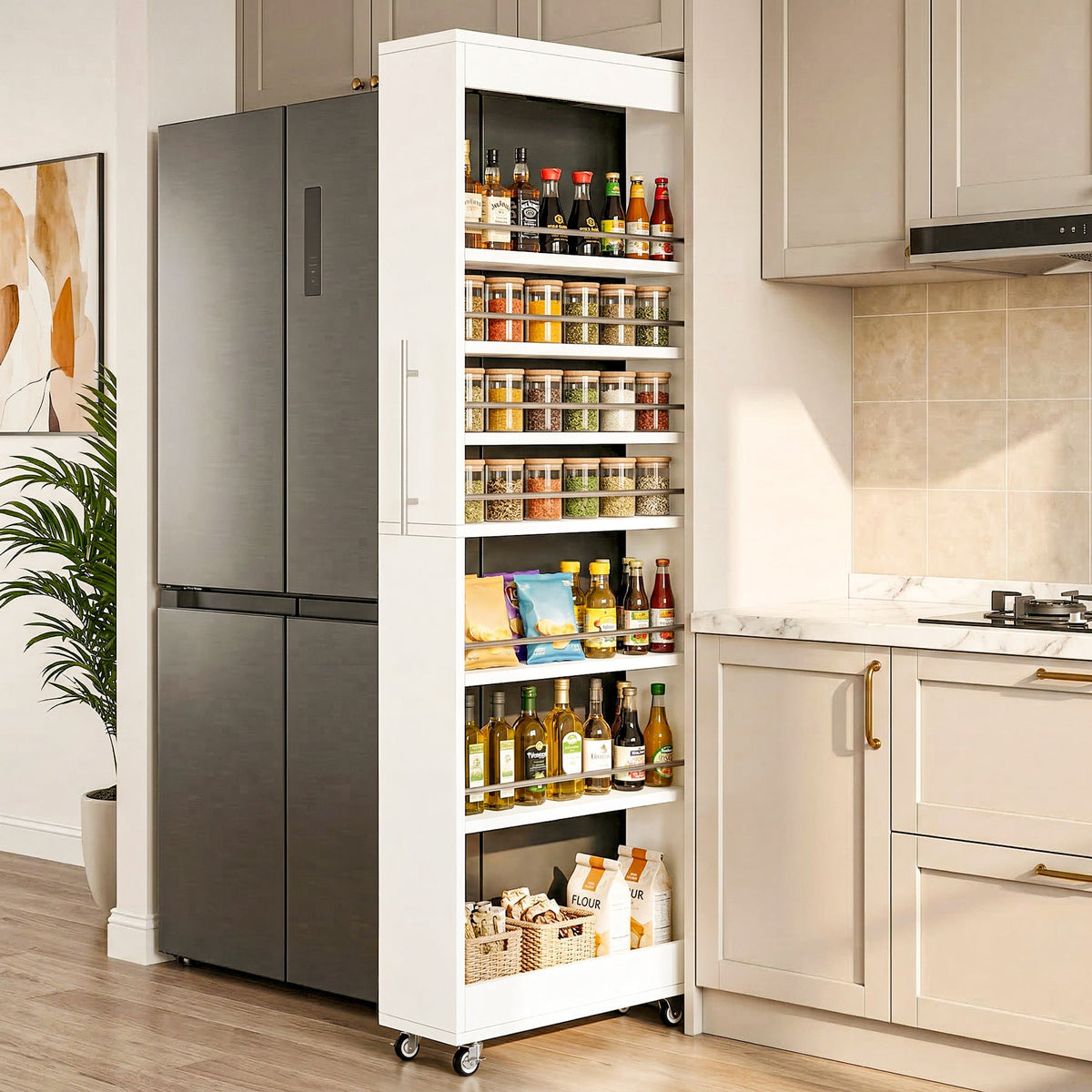 The cart pulled out from beside the fridge showing both faces of every shelf