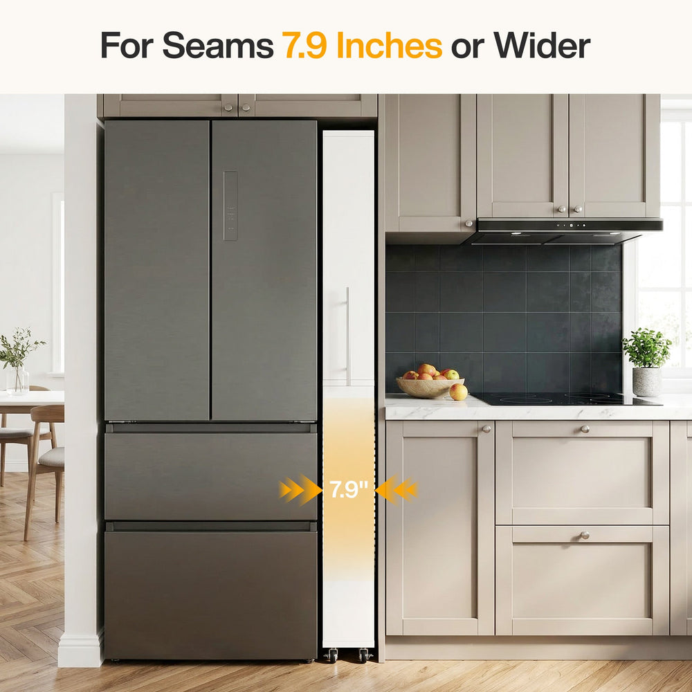 Graphic showing the cart fitting a seam 7.9 inches or wider beside a dark fridge