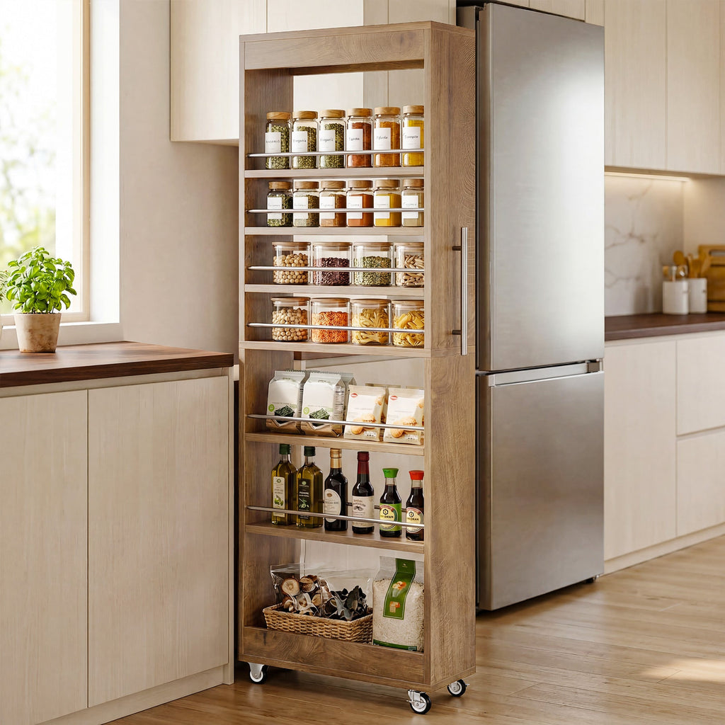 The pantry cart rolled out into a bright kitchen with the shelves fully loaded