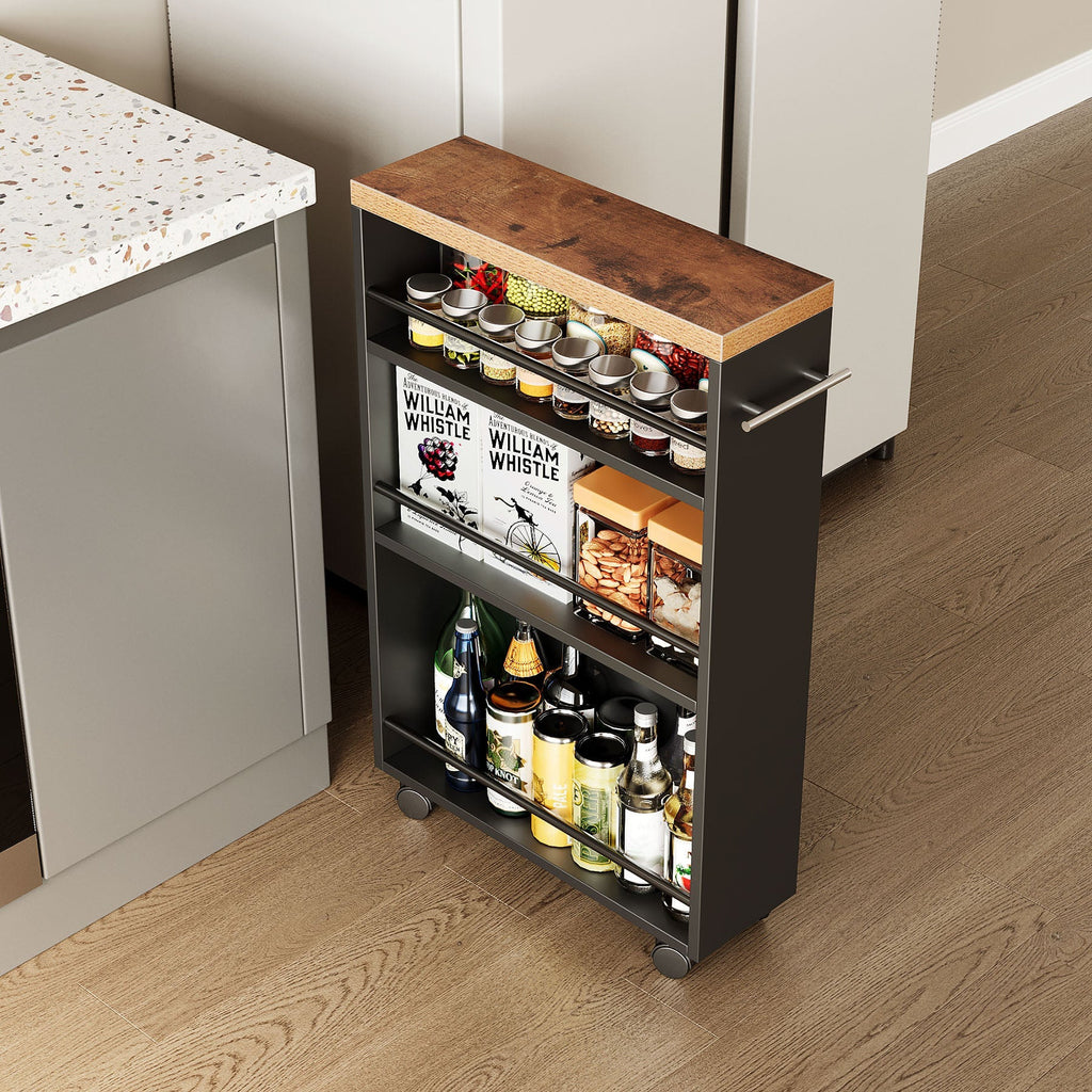 Stowena slim rolling kitchen cart with spices and jars beside a white counter
