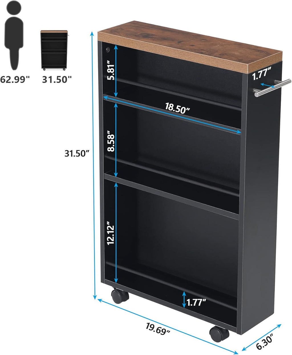 Dimension diagram: 19.69 x 6.3 x 31.5 in with tier heights 5.81, 8.58 and 12.12