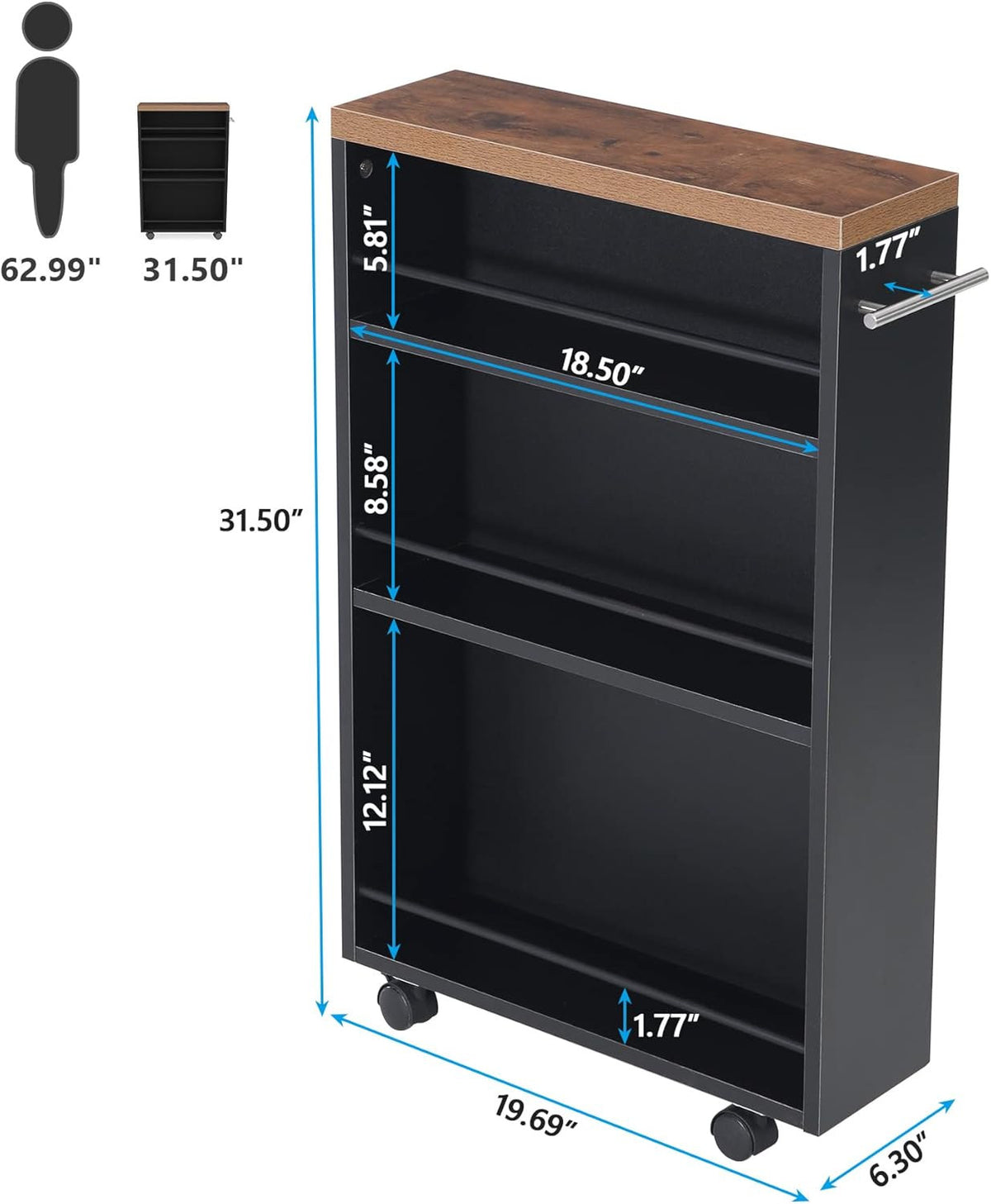 Dimension diagram: 19.69 x 6.3 x 31.5 in with tier heights 5.81, 8.58 and 12.12