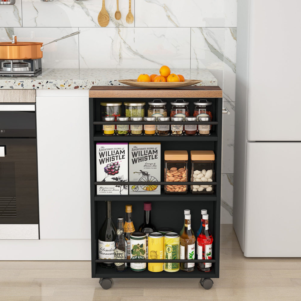 Narrow cart loaded with jars and bottles beside a fridge
