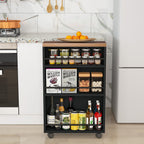 Narrow cart loaded with jars and bottles beside a fridge